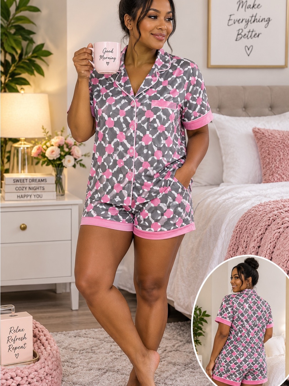 Vera Wang Gray and Pink Floral-Geo Short Pajama Set